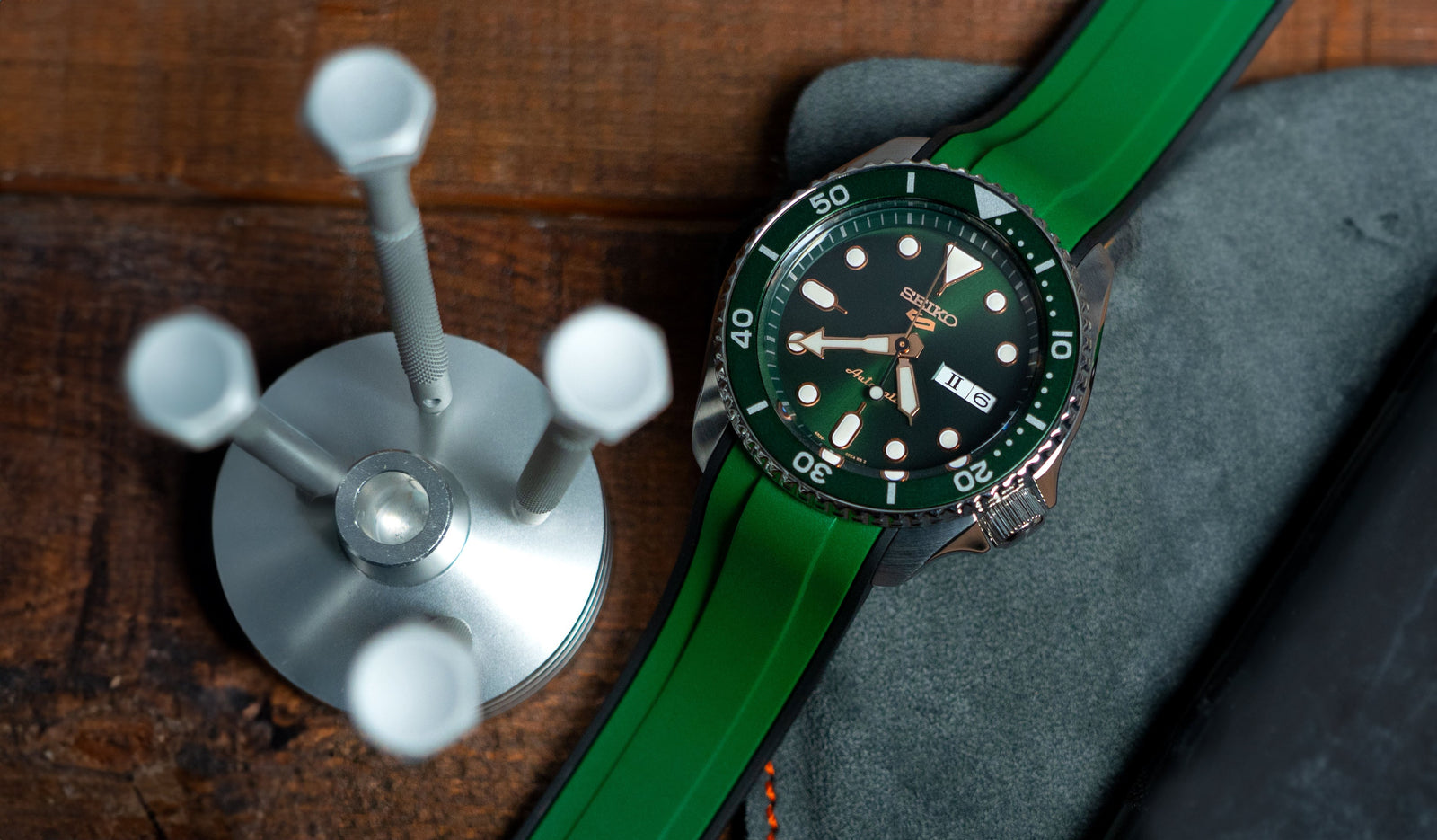 Green watch strap on a seiko watch