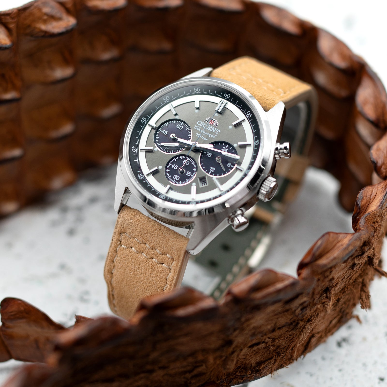 Orient Panda Neo 70s Chronograph pairs Alcantara Fabric Watch Band from Strapcode 