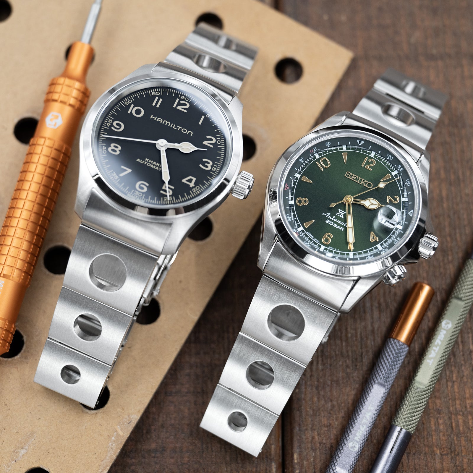 Hamilton Khaki Field Murph and Seiko Prospex Green Alpinist SPB121J1 watch bands from Strapcode