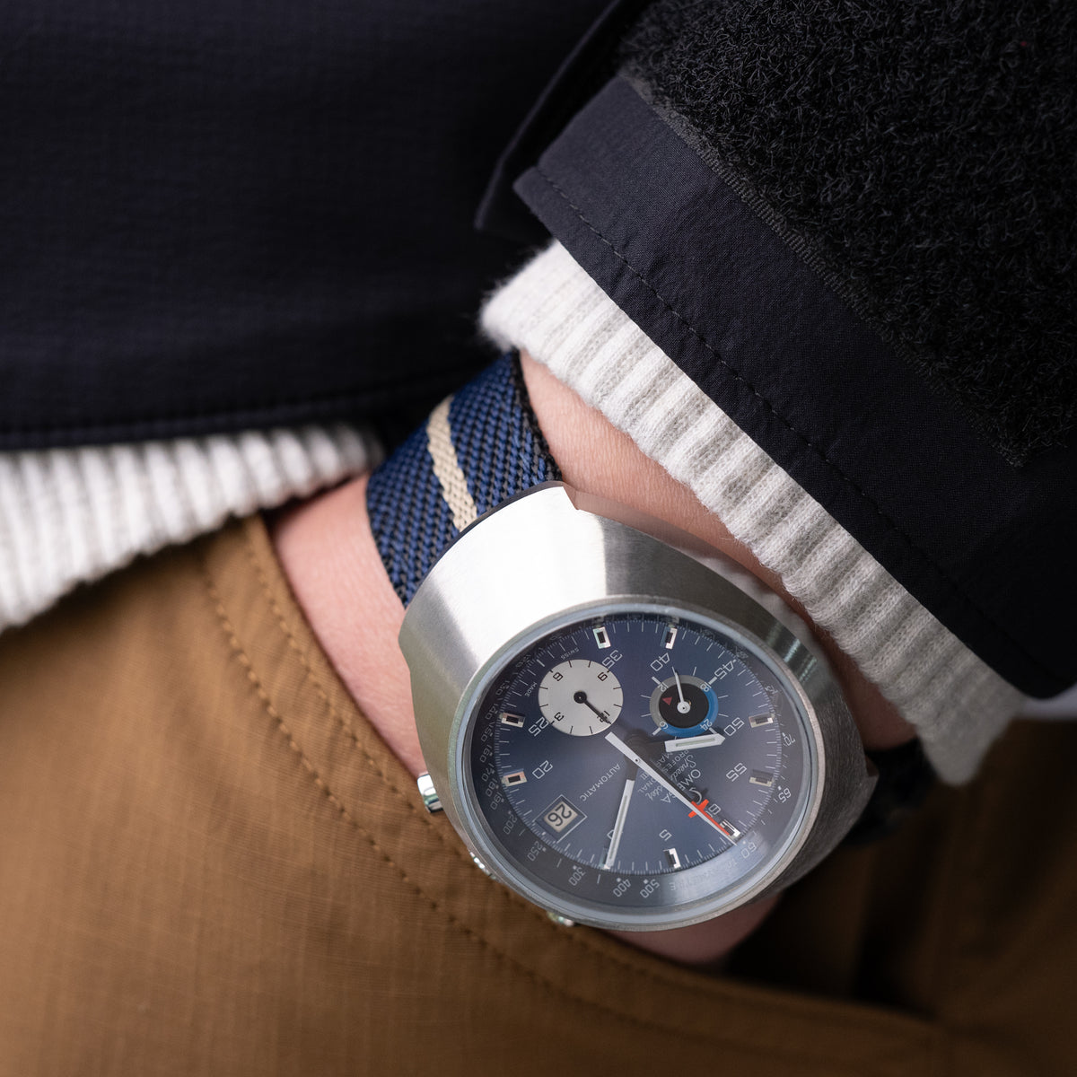 22mm 2-pcs Nylon Watch Band, Quick Release, Blue &amp; Khaki, Brushed Buckle