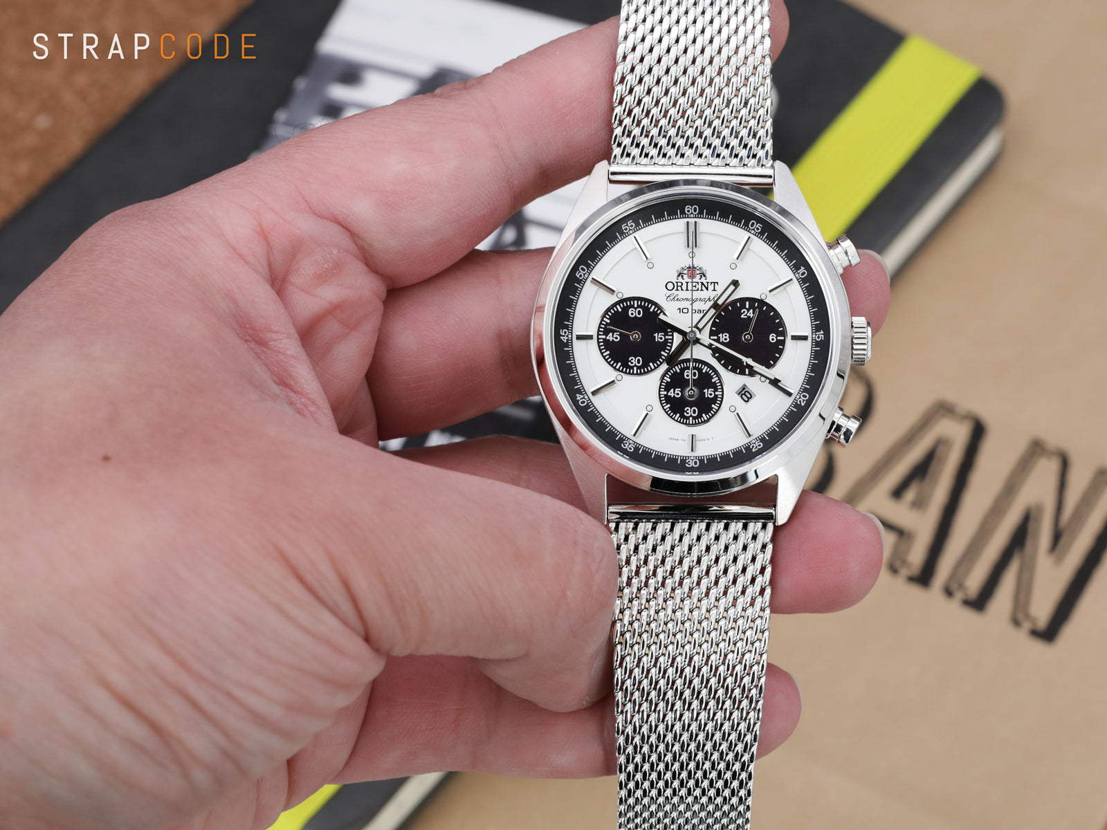Orient Panda Neo 70s Chronograph pairs Tapered Milanese Mesh Watch Band from Strapcode 