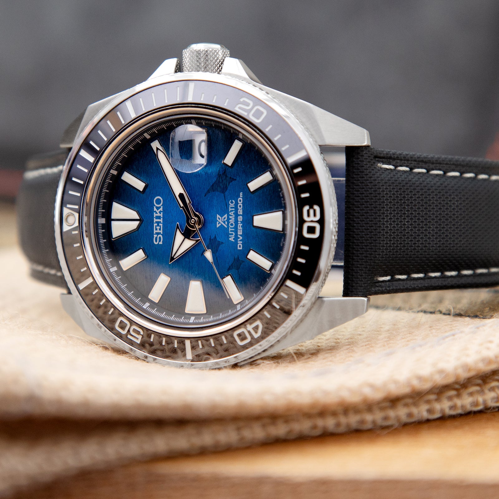 20mm or 22mm Black Woven Texture Watch Strap Beige Stitching Brushed Strapcode Watch Bands