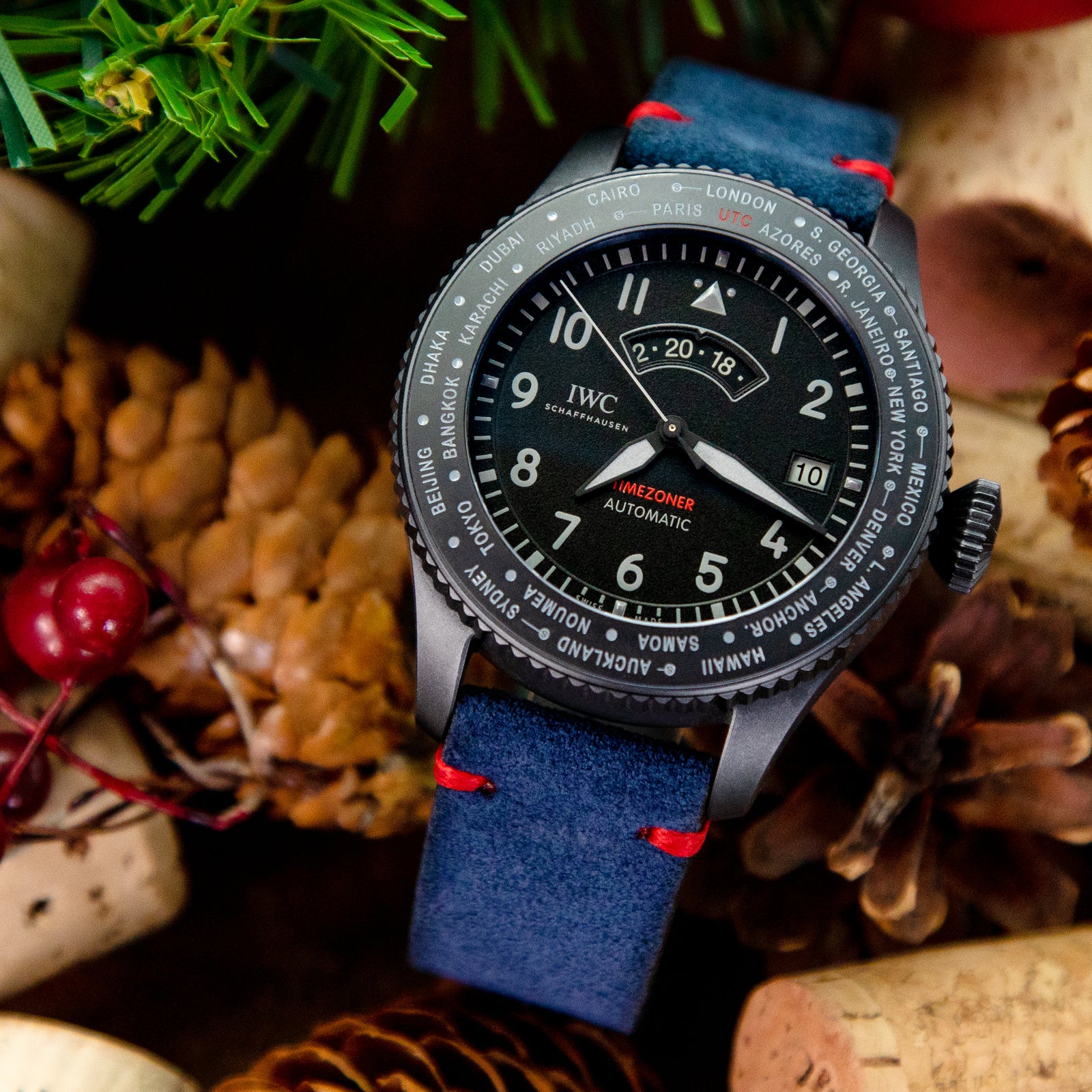 Navy Blue 19mm, 20mm, 21mm, 22mm MiLTAT Quick Release Nubuck Leather Watch Strap, Red Stitching, Sandblasted Strapcode Watch Bands