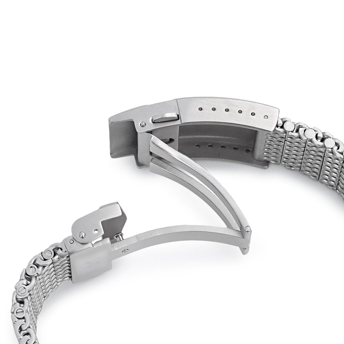 Correa de reloj Massy Mesh de extremo curvo compatible con Seiko 5 - 5kx, V-Clasp, cepillada