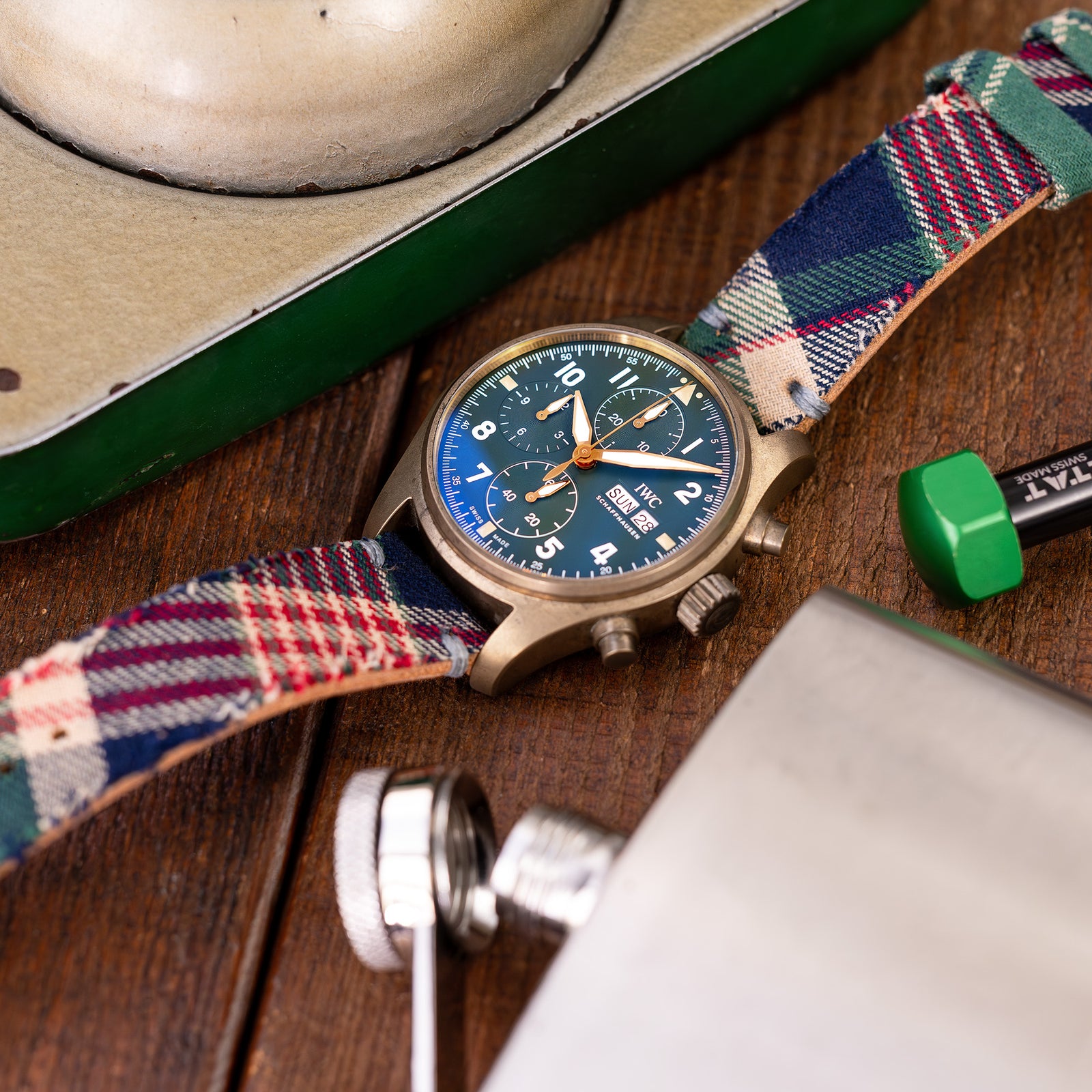 20mm MiLTAT Dundee Tartan Pattern Watch Strap, Brown Stitching