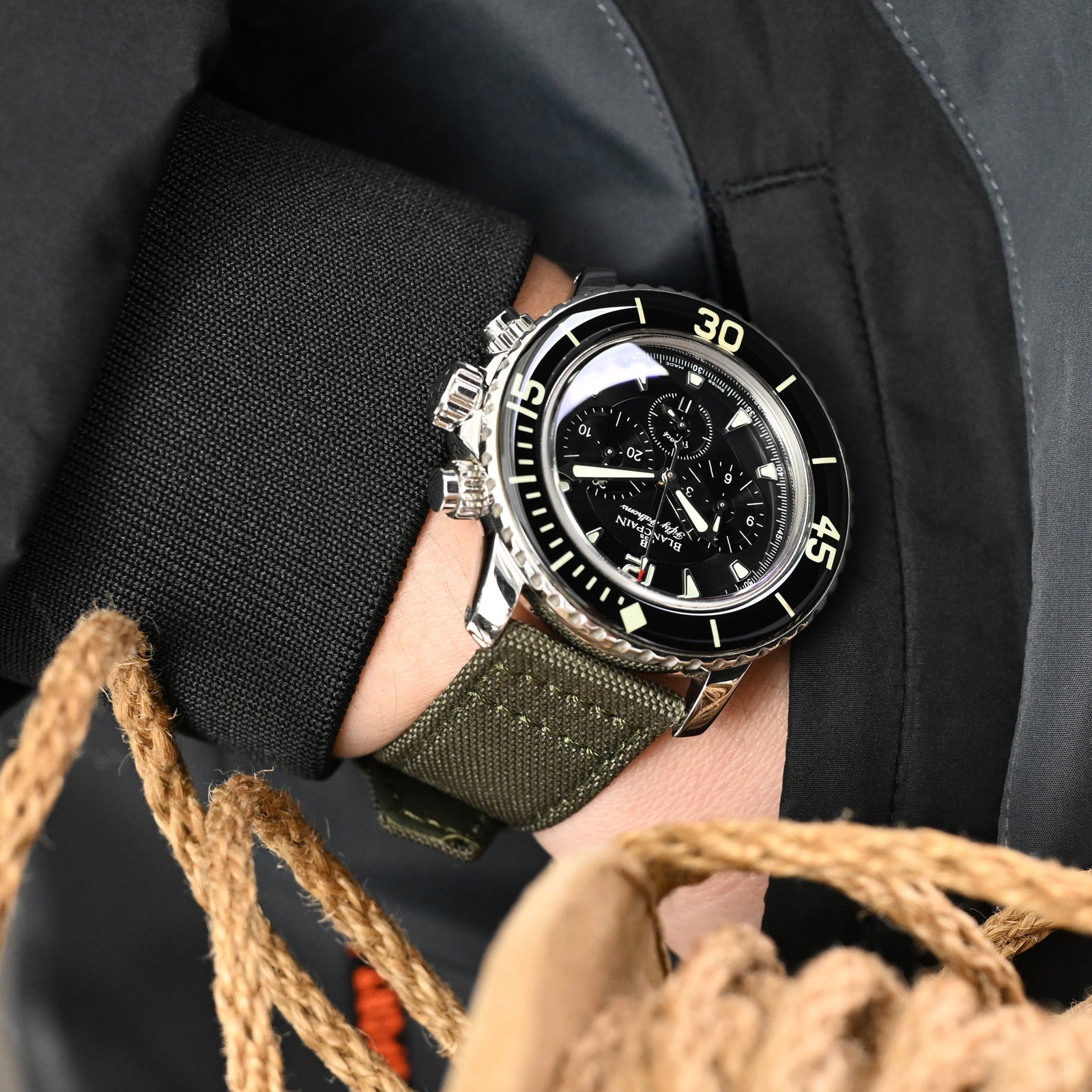 Q.R. Military Green Sailcloth Watch Band with leather lining, 19mm, 20mm or 23mmStrapcode watch bands