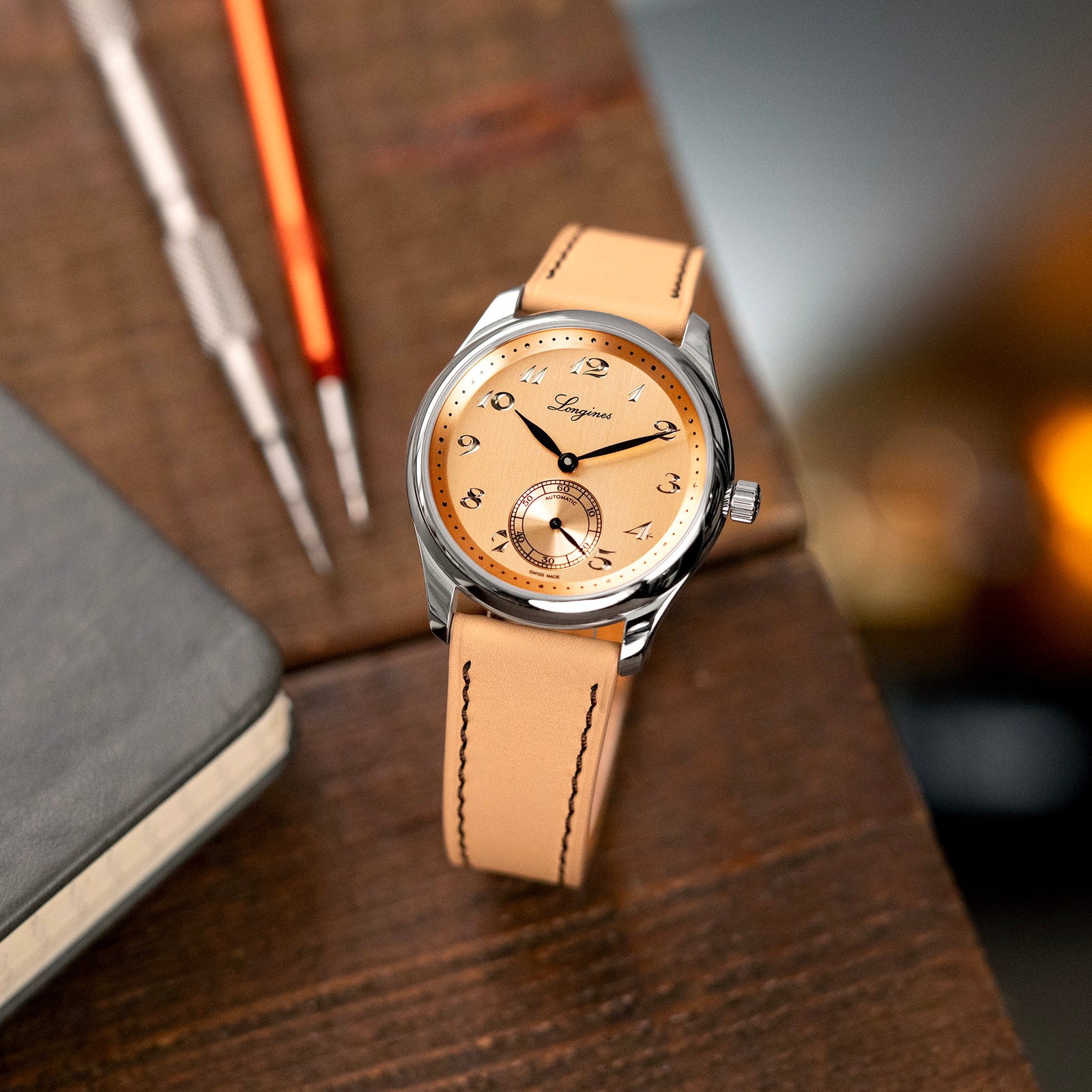 Q.R. 20mm Beige Tapered Leather Watch Band, Chocolate Brown Stitching + Zermatt Strapcode Watch Bands