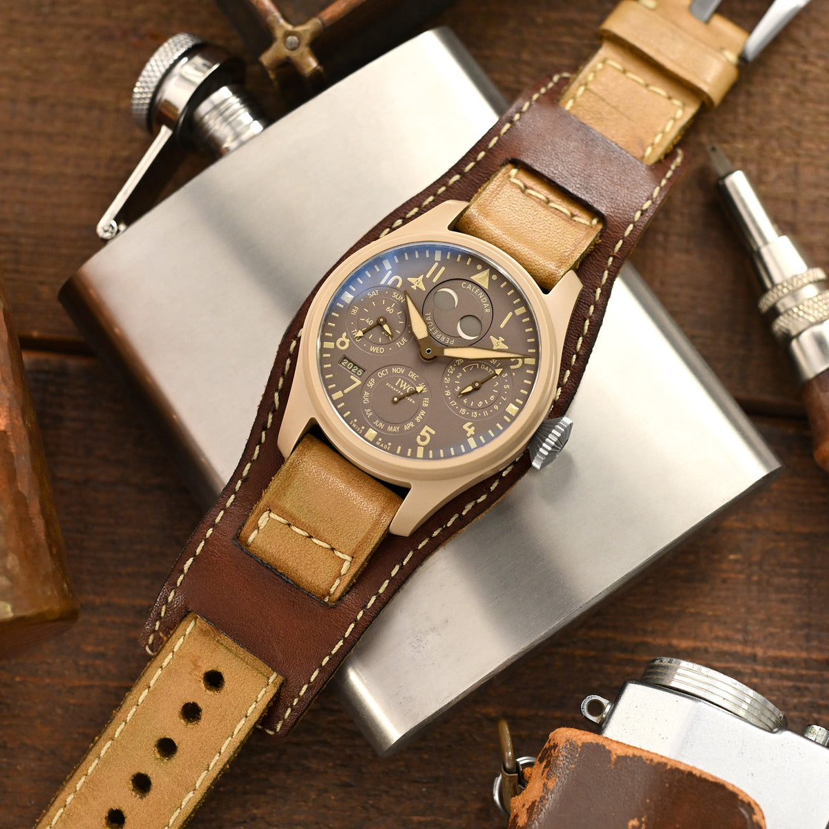 20mm, 22mm Gunny X MT '74' Light Brown Handmade Quick Release Reversible Bund Leather Strap