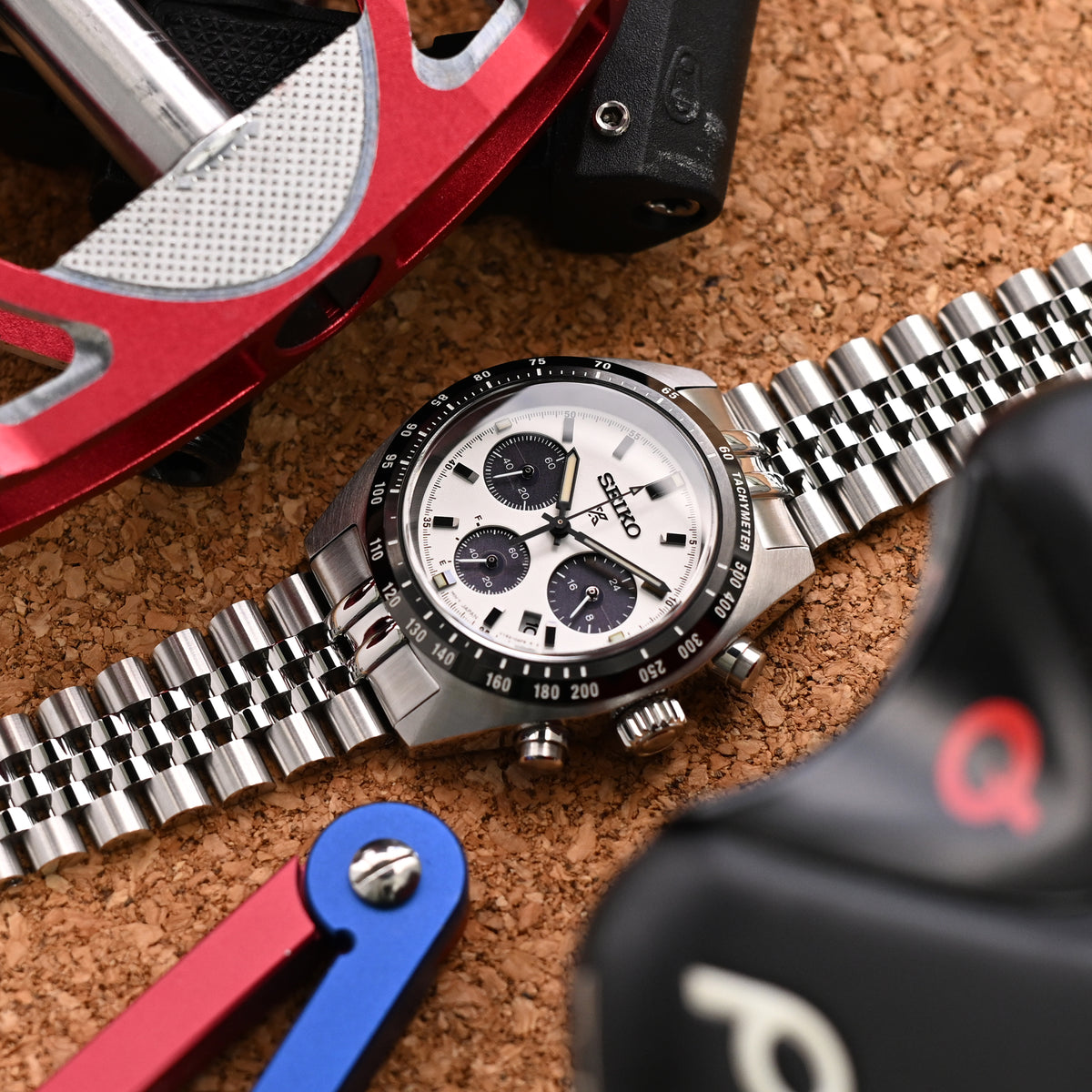 20mm Super-JUB II Watch Band for Seiko Prospex Speedtimer SSC813 SSC815 SSC817, Stainless Steel - Brushed with Polished Center, V Diver Clasp