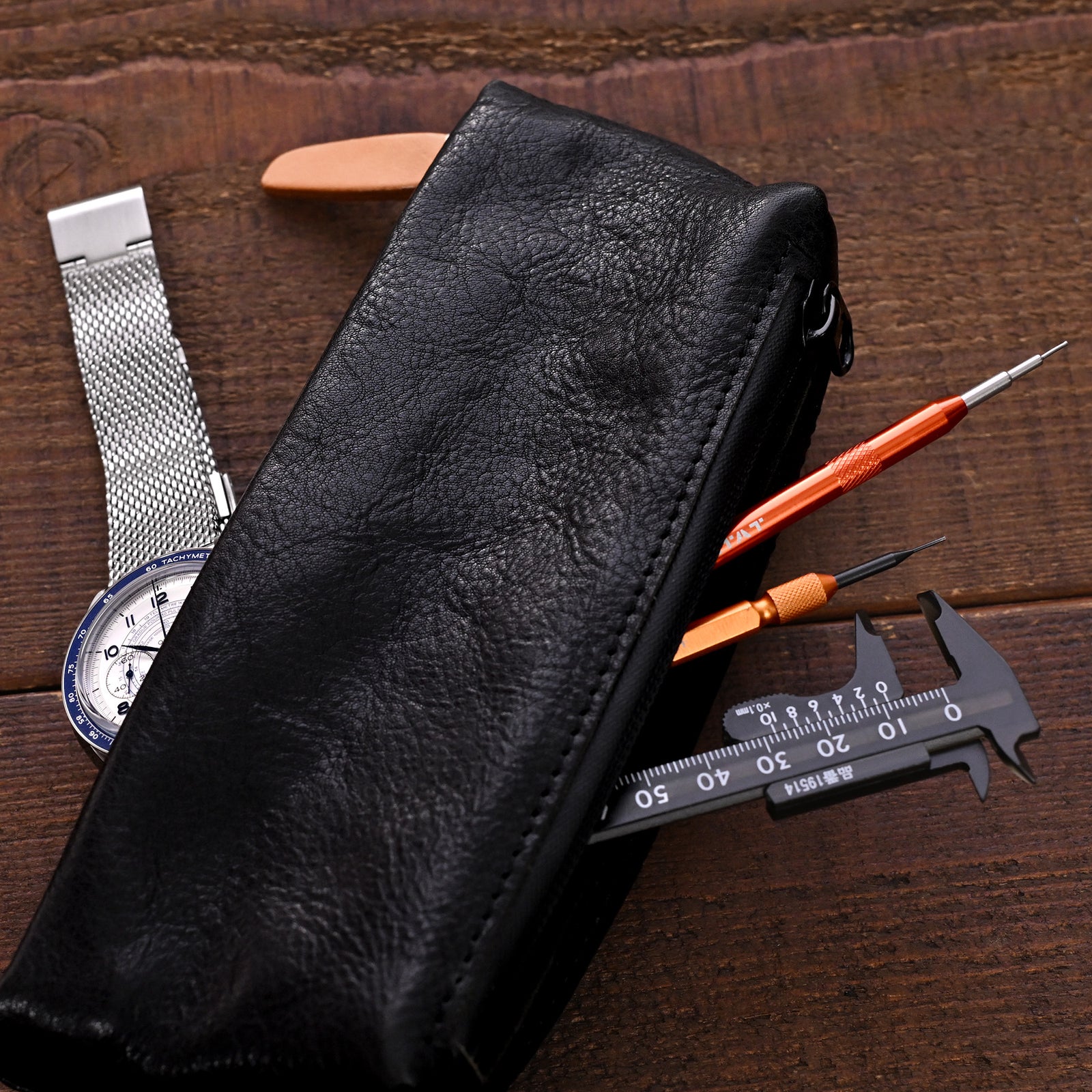 Leather Travel Watch Pouch with Zipper and Storage Compartments