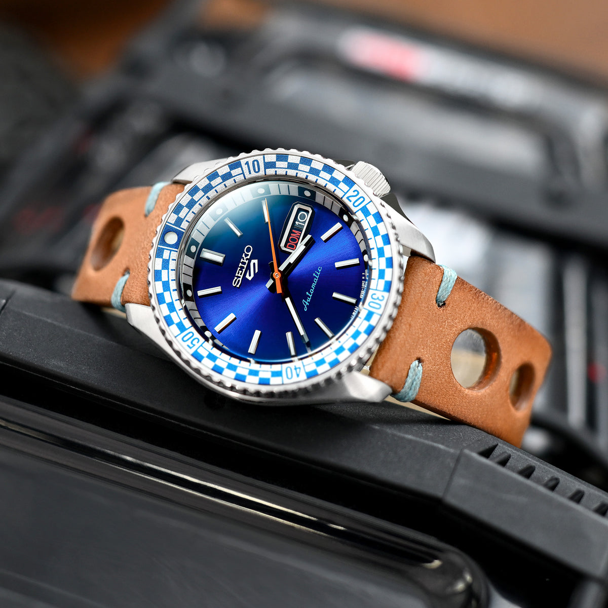 Q.R. 22mm Brown Leather Italian Handmade Racer Watch Band, Blue St.