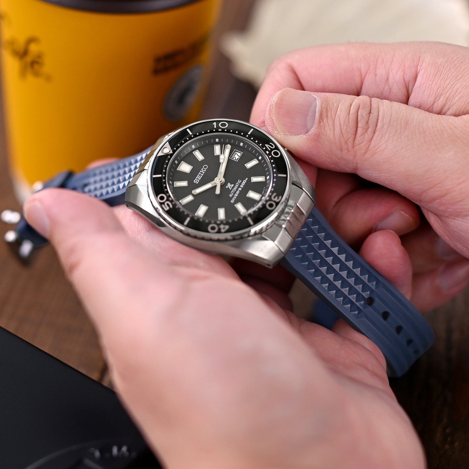 Chaffle Navy Blue FKM Rubber + Add-on End Piece watch strap for Seiko Sumo SPB103 Strapcode Watch Bands