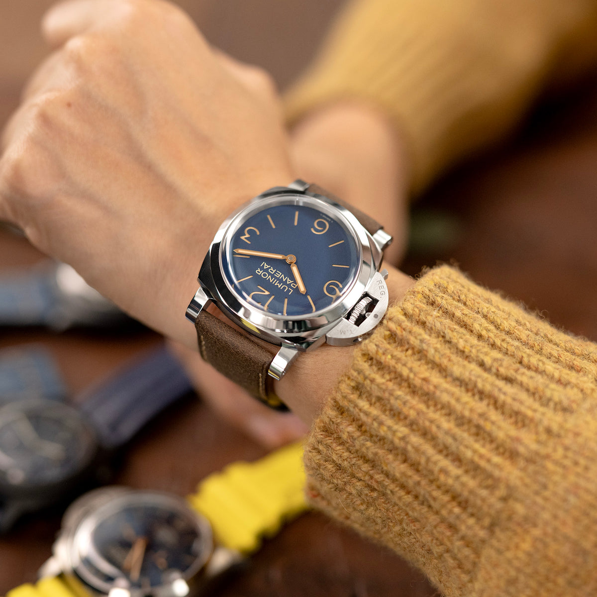 Dark Brown Italian Leather Strap with Beige Stitching for Panerai