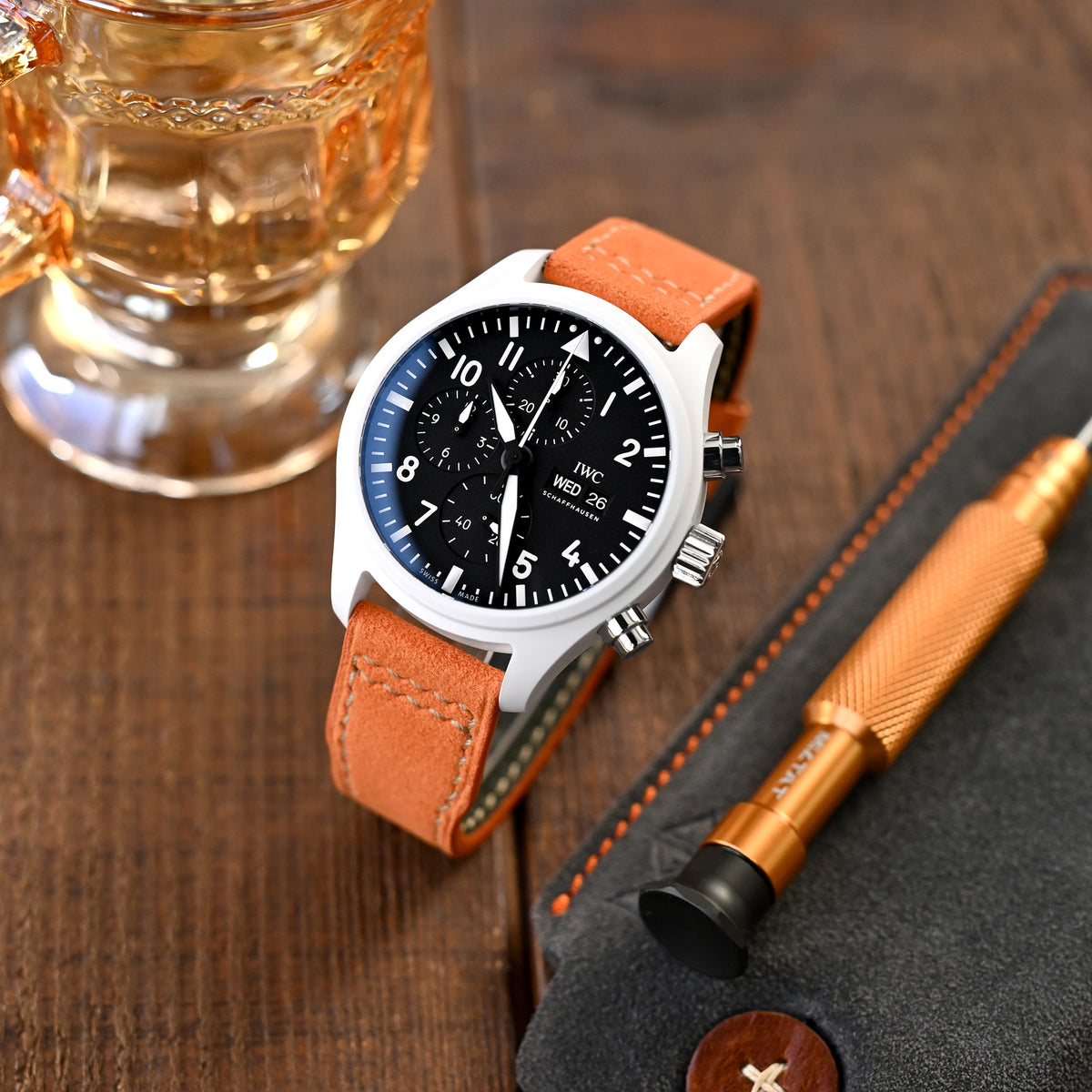 Orange Alcantara Fabric Quick Release Watch Band, Beige Stitching, 20mm, 21mm or 22mm