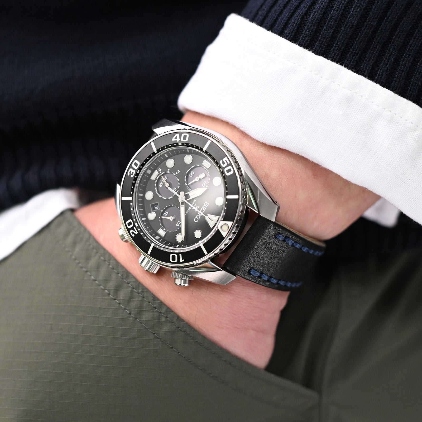 20mm Black Griffon One-Piece Handcrafted Italian Leather Watch Band, Blue StitchStrapcode Watch Bands