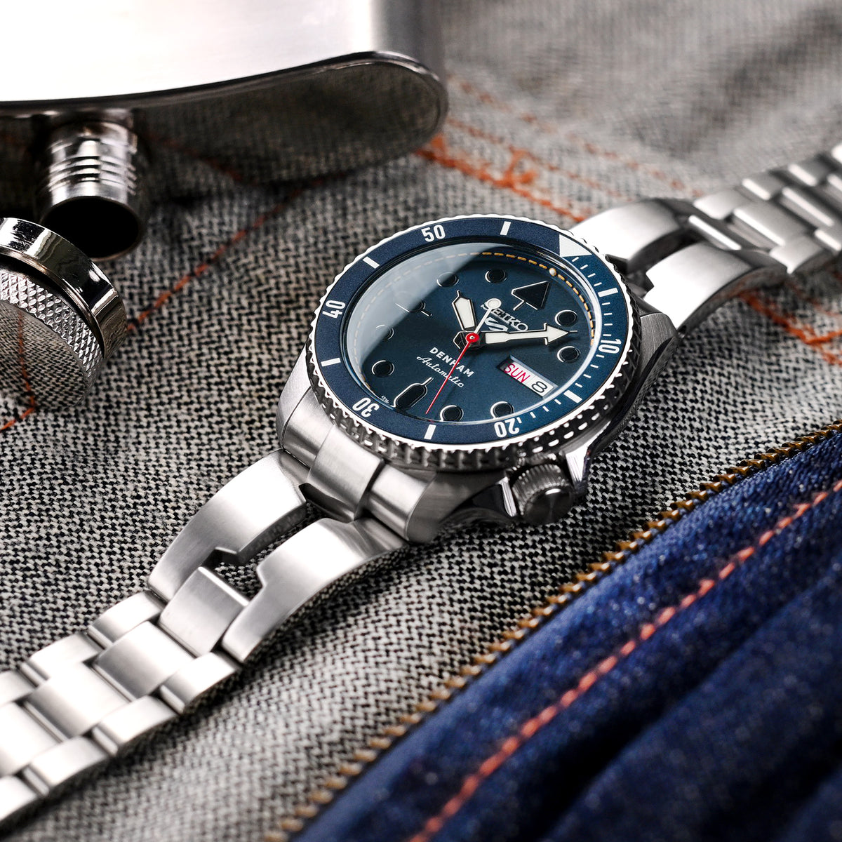 22mm Retro Shaver Blade Watch Band for Seiko 5 Sports 42.5mm SRPD51 SRPD55 SBSA003, Stainless Steel - Brushed, V Diver Clasp