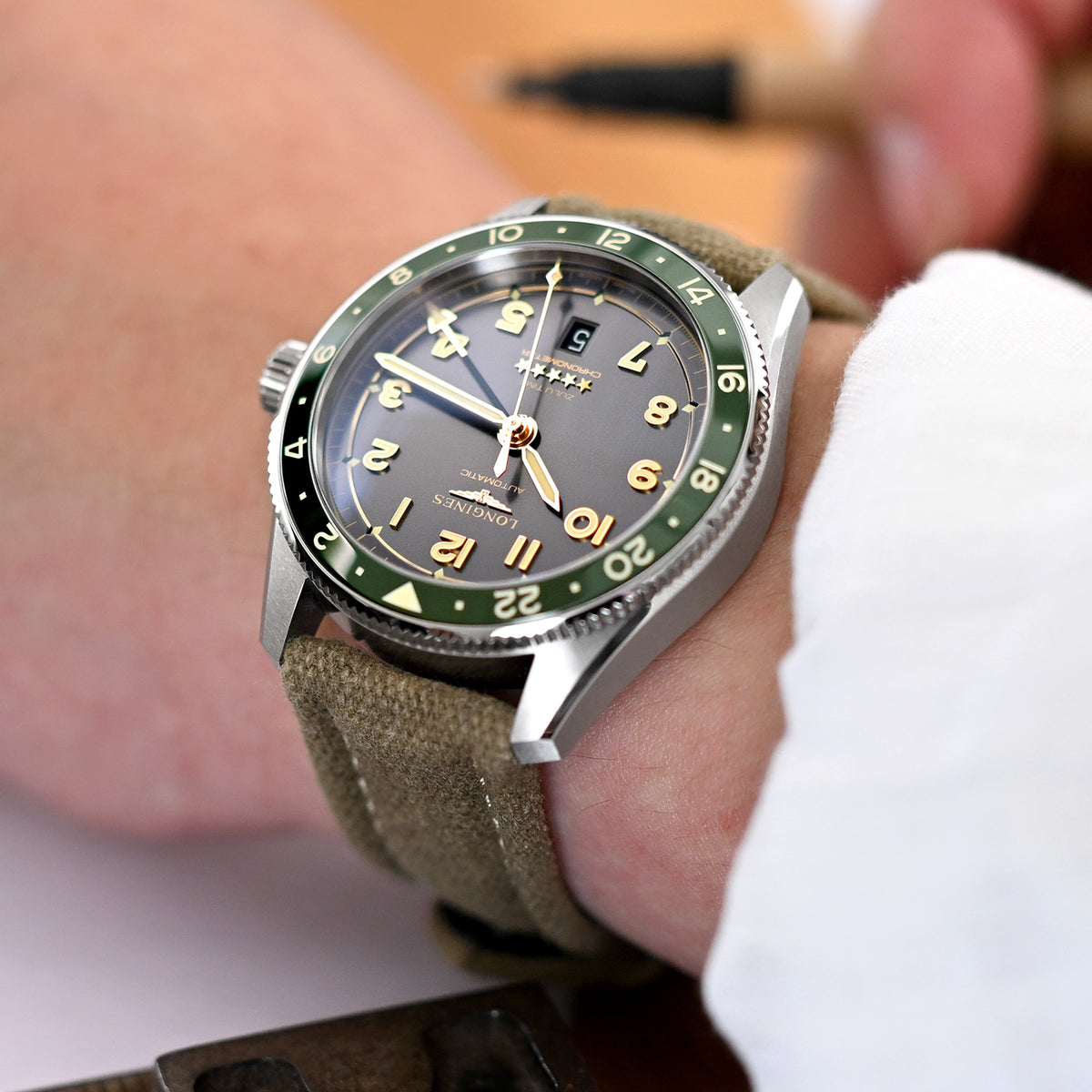 Aviator Style Khaki Canvas Quick Release Watch Band, 20mm or 22mm