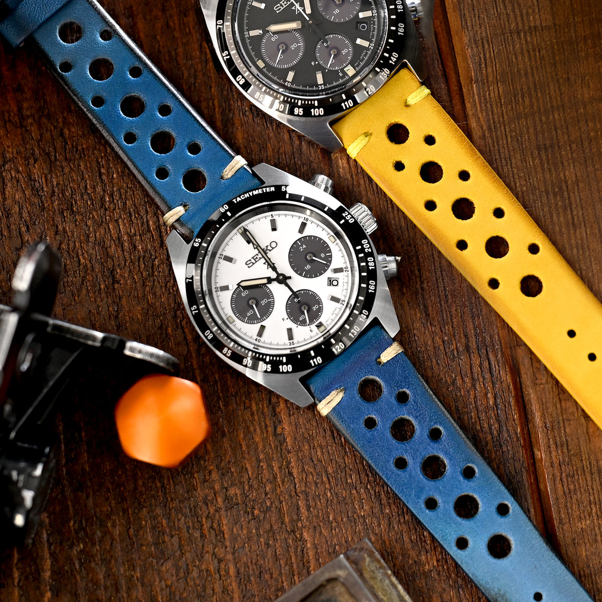 20mm or 22mm MiLTAT Italian Handmade Racer Vintage Blue Watch Strap, White Stitching