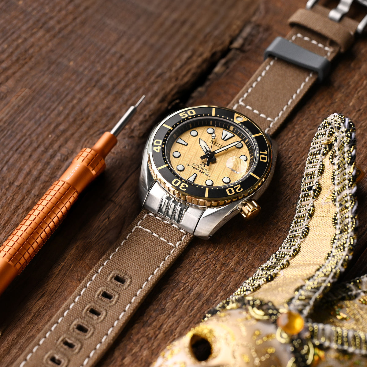 Endlink Plus Tan Color Quick Release Canvas watch strap compatible with Seiko Sumo SPB103