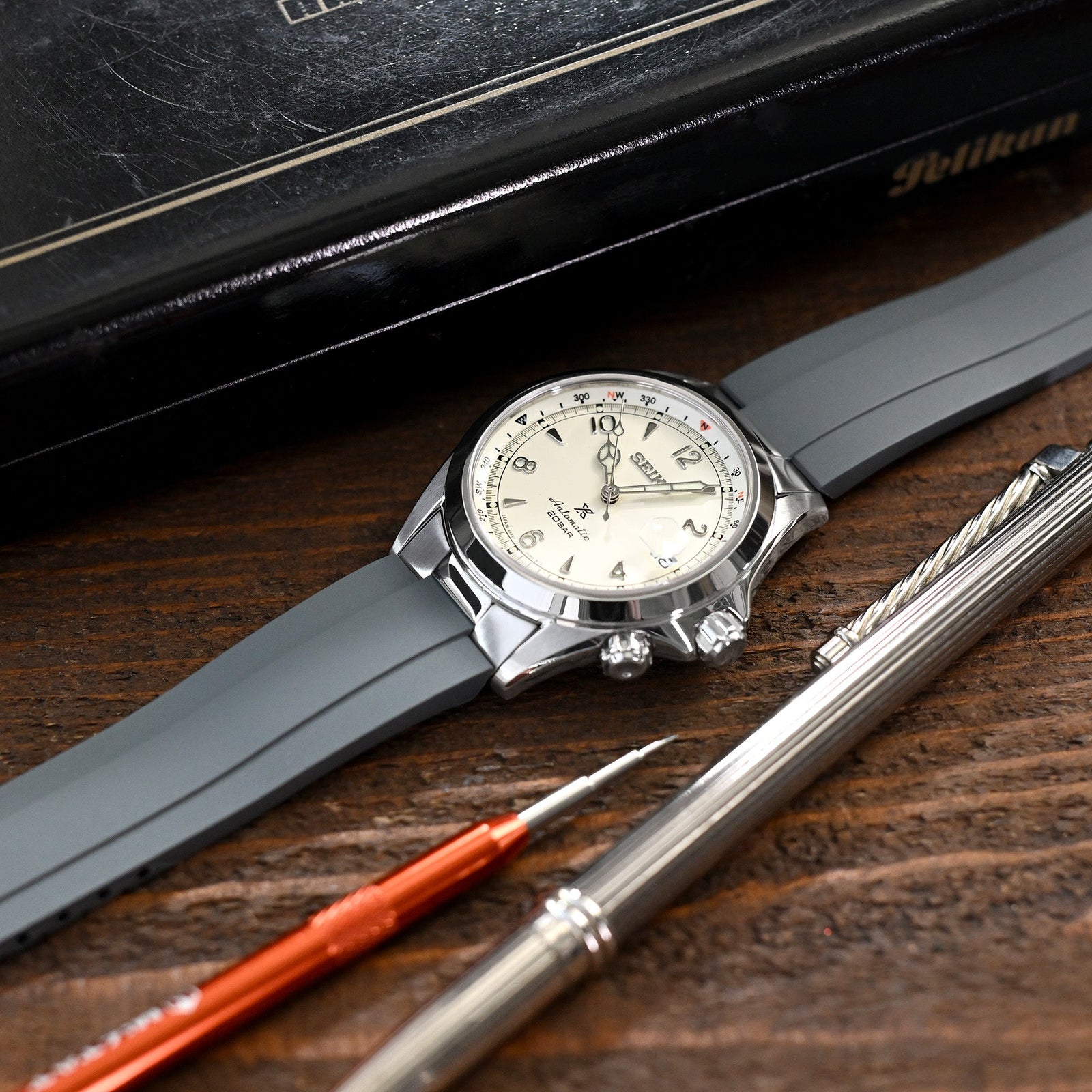 20mm Crafter Blue - MX03-117 Light Grey FKM Rubber Strap With End Links compatible with Seiko Alpinist SARB017 Strapcode watch bands