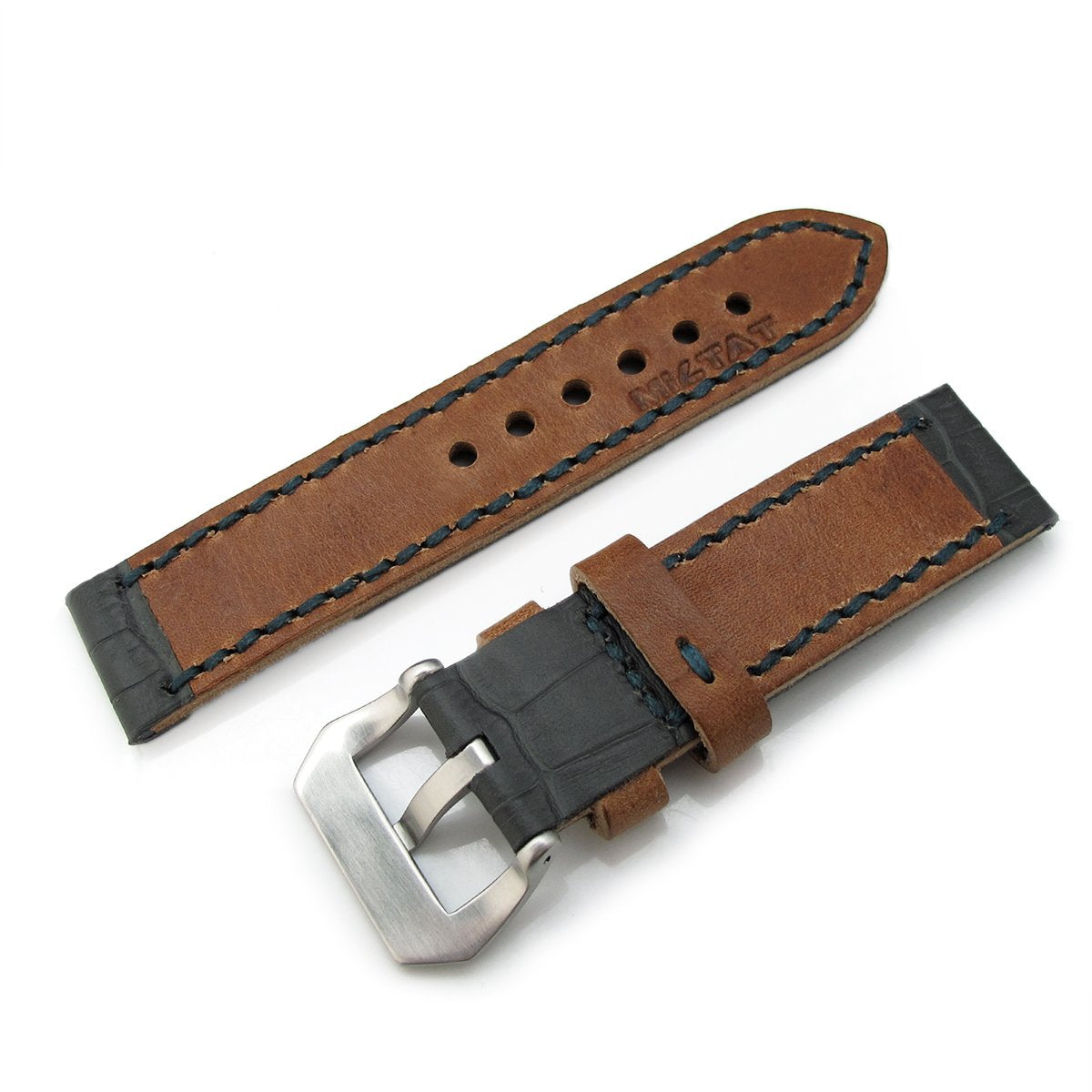 22mm MiLTAT Antipode Watch Strap Dark Grey CrocoCalf in Lake Blue Hand Stitches Strapcode Watch Bands