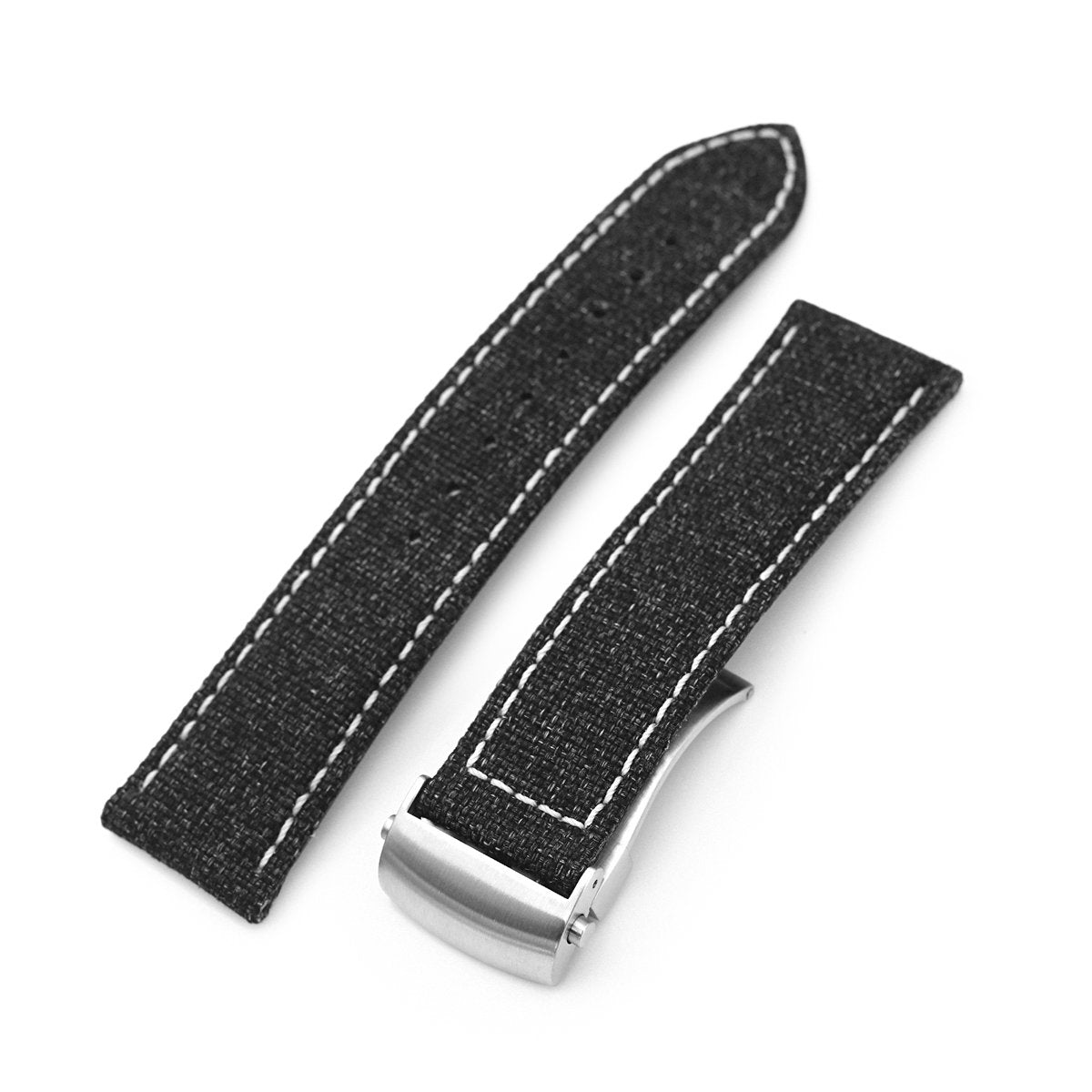 20mm or 22mm Black Canvas Watch Band Brushed Roller Deployant Buckle Beige Stitching Strapcode Watch Bands