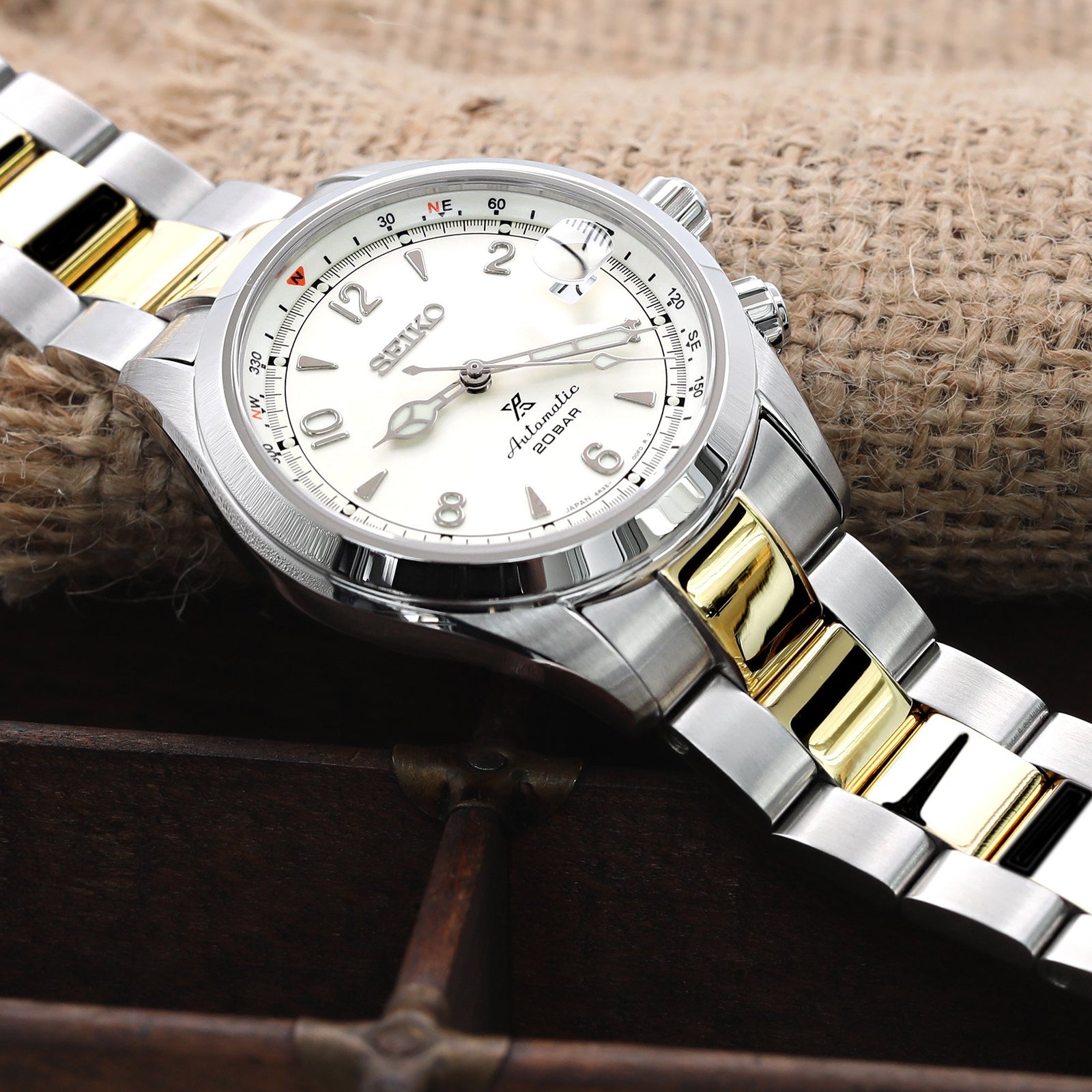 20mm Super-O Boyer 316L Stainless Steel Watch Bracelet for Seiko Alpinist SARB017, Two Tone IP Gold V-Clasp Strapcode Watch Bands