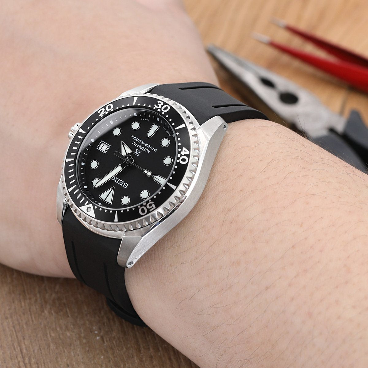 22mm Crafter Blue Black Rubber Curved Lug Watch Band for Seiko Shogun SBDC007 Strapcode Watch Bands