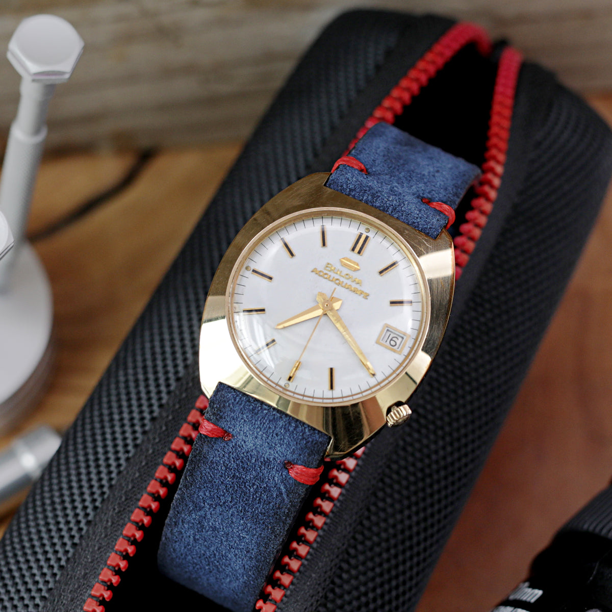 Navy Blue 19mm, 20mm, 21mm, 22mm MiLTAT Quick Release Nubuck Leather Watch Strap, Red Stitching, Sandblasted