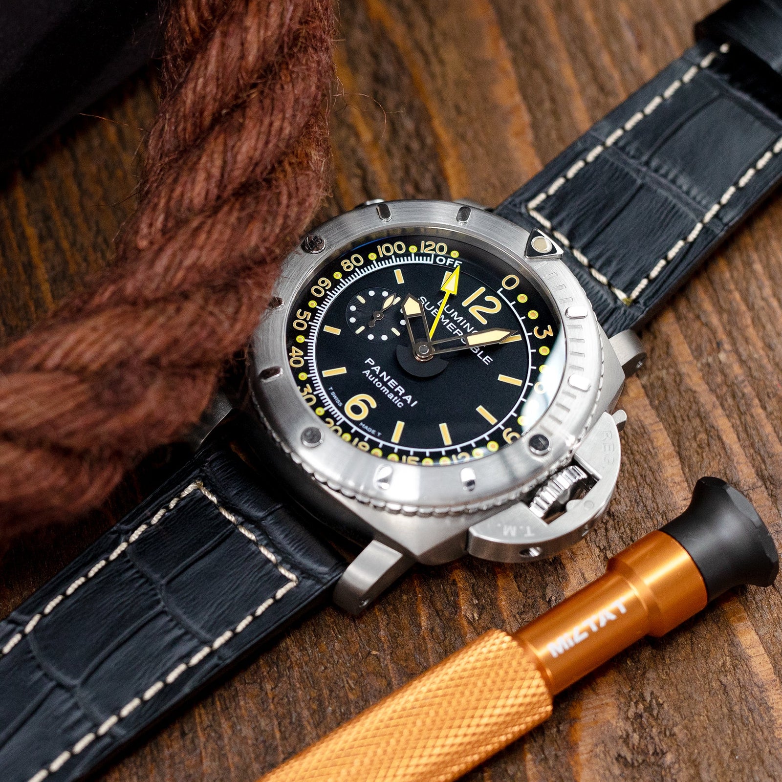 Pam Collection, Black Croco Grain Italian Leather Watch Strap for Panerai, Beige Stitching Strapcode watch bands