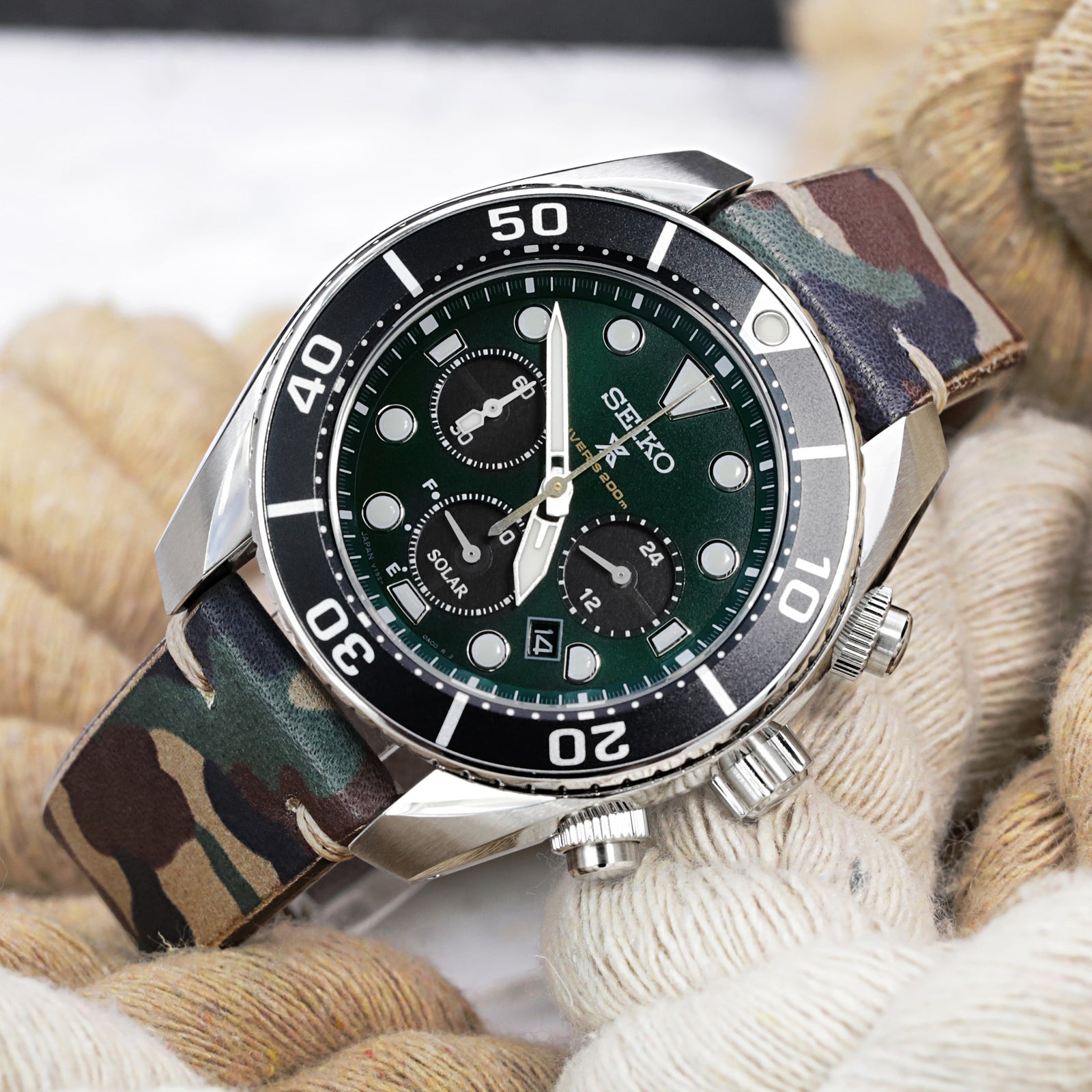 Bracelet de montre MiLTAT 20mm fait main en Italie, motif camouflage, extrémité 18mm, surpiqûre kaki