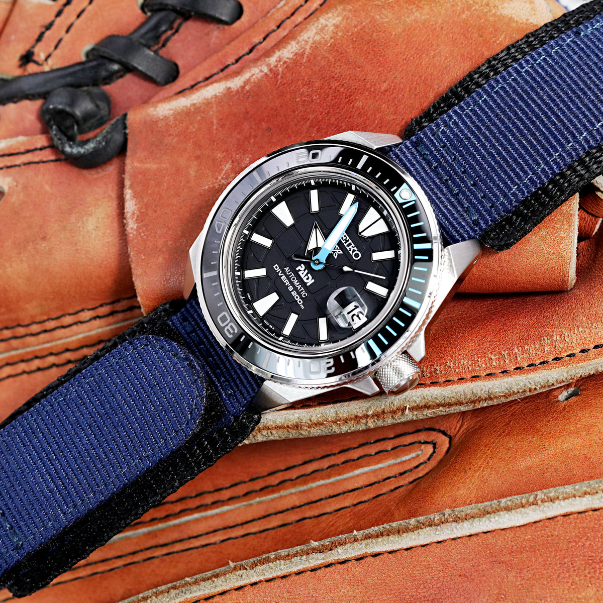 22mm MiLTAT Navy Blue Nylon Hoop and loop Fastener Watch Strap, Brushed Stainless Buckle